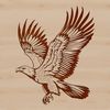 A realistic illustration of a bald eagle in mid-flight, wings spread wide.