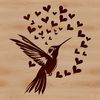A colorful hummingbird illustration with love hearts flying in mid-air.