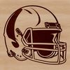A detailed illustration of a football helmet and the ball itself, part of the equipment used in the sport.
