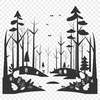 A detailed illustration of a forest landscape with various trees, foliage, and terrain.