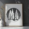 A vector illustration of a dense forest with tall trees and lush foliage.