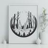 Towering Trees in a Serene Forest An SVG graphic featuring a tranquil forest scene with towering trees and lush vegetation.
