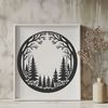 An ornate vector design featuring a sprawling forest landscape with multiple tree silhouettes.