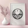 A detailed vector illustration of a serene forest landscape with trees and foliage.