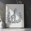 Savannah Safari Mammal A tall, spotted giraffe standing in a savannah landscape with colorful floral elements.