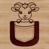A simple SVG illustration of a goat peeking out from behind foliage.