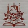 Gothic Candlelit Skull Art A stylized skull surrounded by candles, with a book and rose placed at its base.