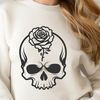 Intricate Rose Skull Vector Art A gothic-inspired skull design with intricate details and a floral motif featuring roses.