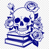 Stylized Skull Clip Art in a Victorian Style A stylized illustration of a skull with floral and book-inspired elements in a Gothic style.