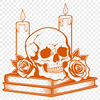 Gothic Skull Decor Illustration A Gothic-style skull illustration with a candle at its base and a rose tucked into the bone structure.