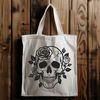 Beautiful Rose Embedded Skull Design A stylized, gothic-style skull illustration with intricate details and a single rose embedded in the forehead.