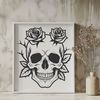 Gothic Style Skull Illustration A stylized Gothic-style skull with intricate details, suitable for Halloween decorations.