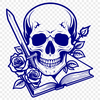 Rose and Dagger Skull Illustration A stylized illustration of a skull with a dagger placed on top of an open book, surrounded by a rose motif.