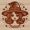 Free SVG Witch Graphic Art A depiction of a witch with a pointed hat and broomstick, surrounded by mystical symbols and elements.