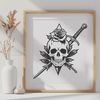 Gothic Skull Design with Dagger and Rose A stylized illustration of a skull adorned with a dagger and a rose in a Gothic-inspired design.