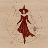A detailed illustration of a witch surrounded by mystical symbols and elements.