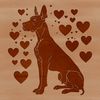 A large breed dog sitting on the floor with love hearts surrounding its head.