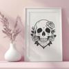 A stylized illustration of a skull adorned with a rose, suitable for crafting and design projects.