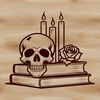 Gothic Skull with Candles and Roses A stylized gothic skull surrounded by candles, roses, and open books, suitable for Halloween designs or vector art projects.