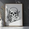 Stylized Dagger Skull Clip Art A stylized skull with a dagger at its forehead, surrounded by a rose motif, suitable for Halloween designs.
