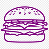 A simple illustration of a classic cheeseburger with a round beef patty, lettuce, tomato, and melted cheese on a bun.