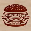 A vector illustration of a classic hamburger with a round bun, beef patty, lettuce, tomato, and cheese.