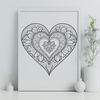 Whimsical Love Symbol SVG Mandala design featuring a heart at its center, made up of intricate patterns and shapes.