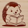 Friendly Hedgehog with Book A small, spiny hedgehog sitting on the ground with an open book in front of it.