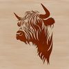 A highland cow standing in a field with its head raised, featuring a rustic farm animal design.