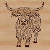 Beautiful Farm Animal Icon Highland cow standing on a grassy field, a common farm animal native to Scotland.