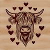 Love is in the Highlands A stylized illustration of a Highland Cow with love hearts incorporated into its design.