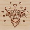 Adorable Highland Cow Vector Art Highland cow illustration with love hearts around its head, depicted as a farm animal in vector style.