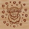 A Highland Cow standing on a farm with love hearts around it.