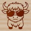 Highland Cow Silhouette with Shades A stylized illustration of a Highland Cow standing in a field, wearing sunglasses, suitable as clip art or vector design.