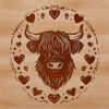 A highland cow with love hearts on its head, depicted in vector art style.