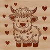 Love Heart Highland Cow Illustration A Highland Cow standing in a field with red love hearts surrounding its body.