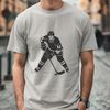 A stylized illustration of a hockey player in mid-game action.