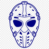 A graphic illustration of a hockey player's protective gear, featuring a helmet with a mask, stick, and skates.