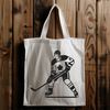 An illustration of a hockey player in action, featuring bold lines and dynamic movement.