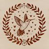 A colorful illustration of a hummingbird in flight, adorned with ornate love hearts.