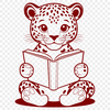Beautiful Golden Jaguar Next to a Book A large cat with golden fur and black spots sitting next to an open book, illustration for design purposes.