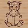 Wildly Illustrated Jaguar A stylized illustration of a jaguar in a relaxed pose, sitting next to an open book with pages turned.