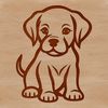 A simple line drawing of a sitting dog with a friendly expression, recognizable as a Labrador Retriever breed.