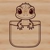 A reptile peeking out from behind a pocket.