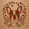 A cartoon illustration of a smiling Boston Terrier breed dog with heart patterns surrounding its head.