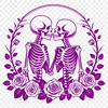 Bony Bloom A skeletal figure holding a rose in its bony hands, surrounded by floral elements and decorative motifs.
