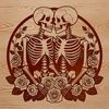 Whimsical Valentine's Day Illustration A stylized illustration of two skeletons holding a rose between them, symbolizing love and romance for Valentine's Day.