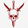 Decorative Dagger Pierced Skull A stylized illustration of a skull with a decorative dagger piercing its forehead, suitable for various design applications.