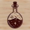 A detailed illustration of a gothic-style witchcraft scene featuring an ornate potion bottle.