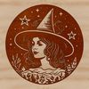 Witch's Portrait with Magical Symbols A witch's head with a pointed hat and broomstick, surrounded by magical symbols and foliage.